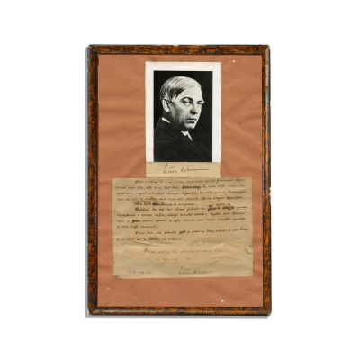 Liviu Rebreanu, fotografie + fragment manuscris „Ion” + semnătură olografă - Piesă extrem de rară