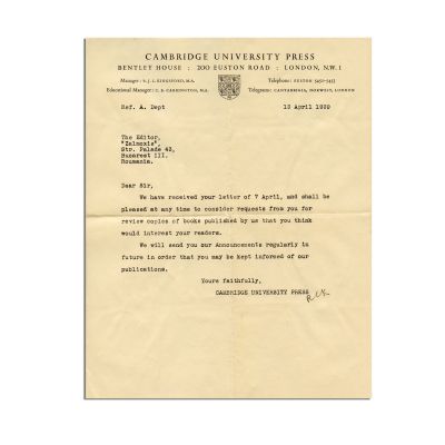 Cambridge University Press, scrisoare pentru Mircea Eliade, 13 aprilie 1939 