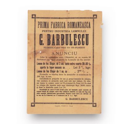 „G. Bărbulescu” - prima fabrică românească pentru industria lemnului, anunț