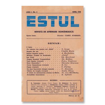 Publicația „Estul”. Revistă de afirmare românească, Anul I, colecție integrală de 6 numere, 1940 
