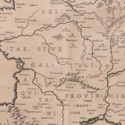 Abraham Ortelius, harta Galiei Antice, gravură în cupru colorată manual, 1642