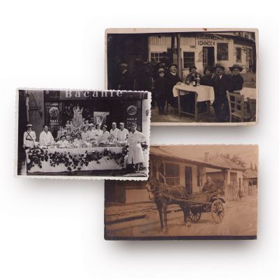 Frizeria Figaro, Atelier mecanic I. Chincea, Băcănie, trei fotografii tip carte poștală 