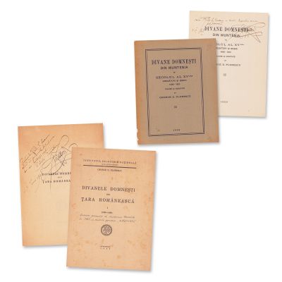 George D. Florescu, Divanele domnești din Țara Românească și Muntenia, două volume, 1929 - 1943, cu dedicații olografe pentru Radu Sc. Greceanu și ex-libris semnătură
