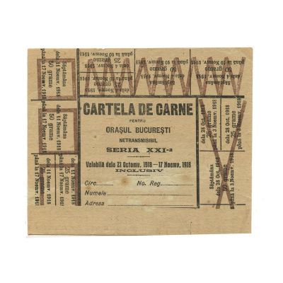 Trei cartele pentru raționalizarea consumului din perioada Primului Război Mondial