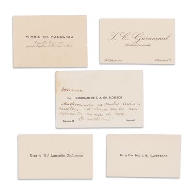 I. C. Găvănescu, fam. Sadoveanu, Ion. I. S. Catuneanu, Florin Em. Manoliu, Gh. Florescu, colecție de cinci cărți de vizită 
