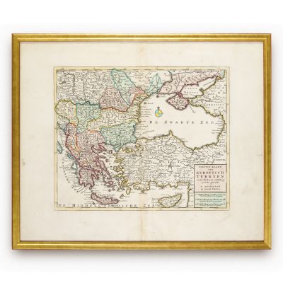 Noua hartă a Turciei europene, gravură în cupru colorată manual, cartograf Isaak Tirion, cca. 1740