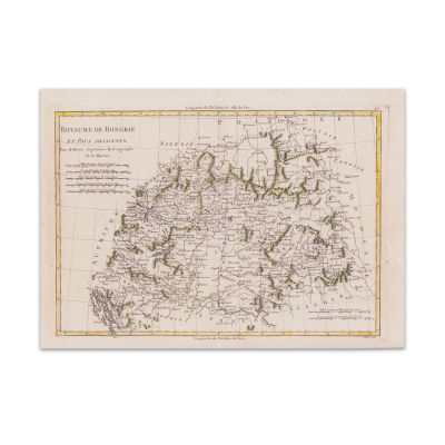 Harta Regatului Ungariei și a țărilor adiacente, gravură colorată manual, gravor Rigobert Bonne, 1787