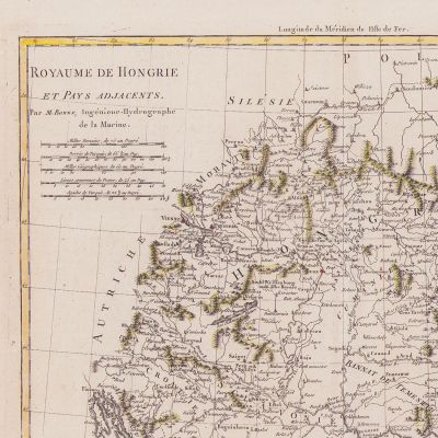 Harta Regatului Ungariei și a țărilor adiacente, gravură colorată manual, gravor Rigobert Bonne, 1787