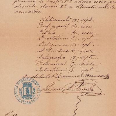 Ion D. Ghica, certificat pentru clasa I- a, 1882