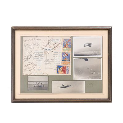 Meniul cinei din 11 iunie 1929 de la Cercul Militar „Regele Carol I” din Constanța + 3 vignette pe meniu + 4 fotografii de epocă reprezentând hidroavioane din timpul mitingului aviatic