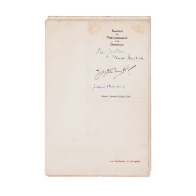Suvenir de la primul festival de film de la Cannes, 1946, cu semnăturile lui Jean Cocteau, Jean Marais, Josette Day