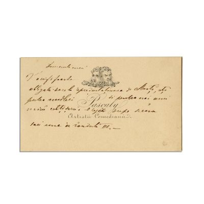 Mihail Pascaly, carte de vizită cu însemnare olografă + plicul original