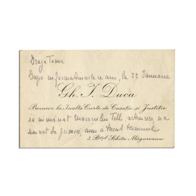 I.G. Duca, carte de vizită cu însemnare olografă