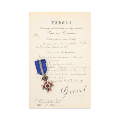 Ordinul „Coroana României” în grad de cavaler + brevet semnat olograf de regele Carol I
