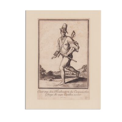 Luyken Caspar, Unul dintre tâlharii din munții Carpați numit Corallen, gravură în metal, 1703
