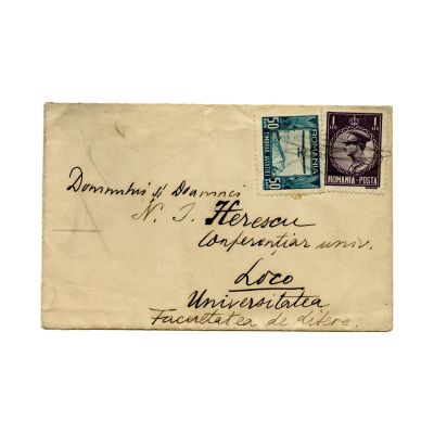 Tudor Vianu, carte de vizită și plic cu o însemnare  olografă pentru N. I. Herescu