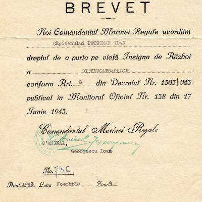Căpitanul Petriman Ioan, brevet - Insigna de Război a Distrugătoarelor