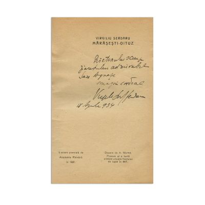 Virgiliu Serdaru, Bătălia de la Mărășești - Oituz, 1934, cu dedicație pentru Sașa Agneze