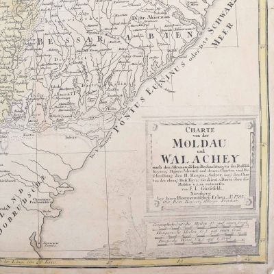 Harta Moldovei și a Valahiei, gravură colorată manual, gravorul Johann Baptist Hohmann, 1785