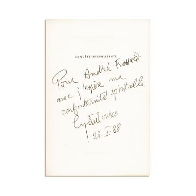 Eugène Ionesco, La quète intermittente, 1987, cu dedicația olografă a autorului