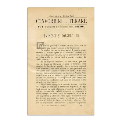 Convorbiri Literare, Anul XXIII, Nr. 8, 1 Noiembrie 1889, cu un articol semnat de Titu Maiorescu, „Eminescu și Poesiile lui”