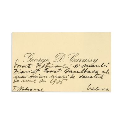 George D. Carussy, carte de vizită cu însemnare olografă