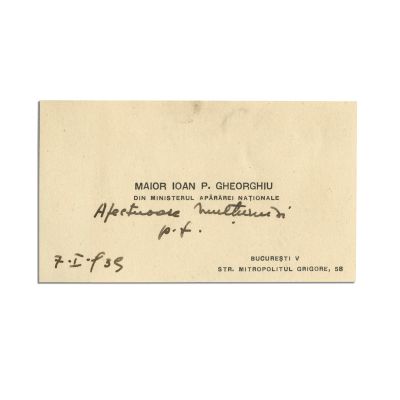 Maior Ioan P. Gheorghiu, carte de vizită cu însemnare olografă