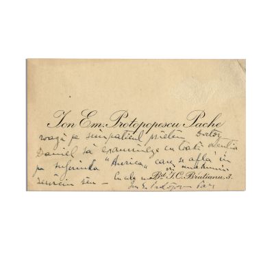Ion Em. Protopopescu Pache, carte de vizită cu însemnare