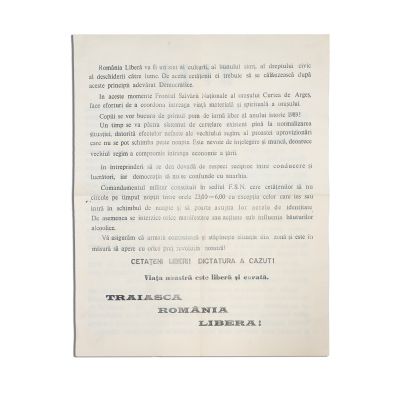 Afiș - Apelul Frontului Salvării Naționale al orașului Curtea de Argeș, „Cetățeni liberi! Dictatura a căzut! Trăiască România Liberă!”