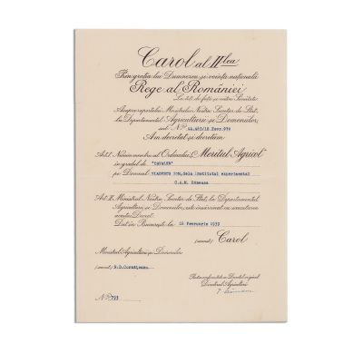 Ion Vlădescu, brevet de numire al ordinului „Meritul Agricol”, 1939