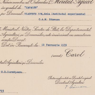 Ion Vlădescu, brevet de numire al ordinului „Meritul Agricol”, 1939