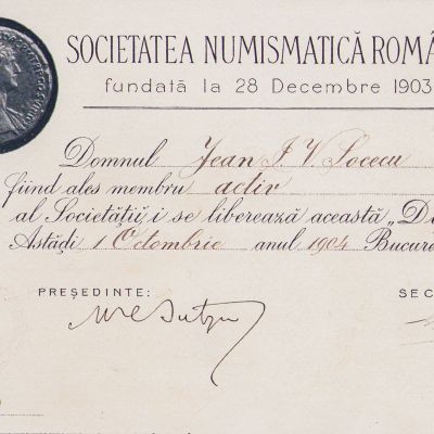 Ioan I. V. Socec, diplomă de membru activ al Societății Numismatice Române, 1 octombrie 1904