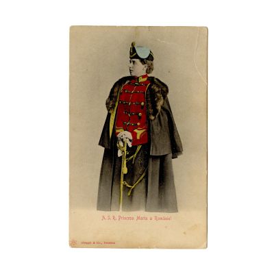 A.S.R. principesa Maria în uniforma Regimentului 4 Roșiori, fotografie tip carte poștală 