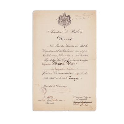 Crucea Comemorativă a Războiului 1916-1918 + miniatura decorației + brevet