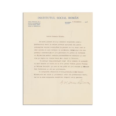 Scrisoare de la Institutul Social Român pentru Mircea Eliade, 1929