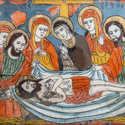 Icoană transilvăneană pe sticlă, Îngroparea Domnului, cca. 1870-1890