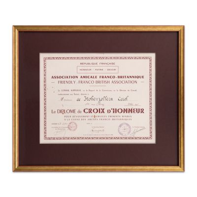 Principele Carol al II-lea, Diploma Crucii de Onoare oferită de Asociația Amicală Franco-Britanică