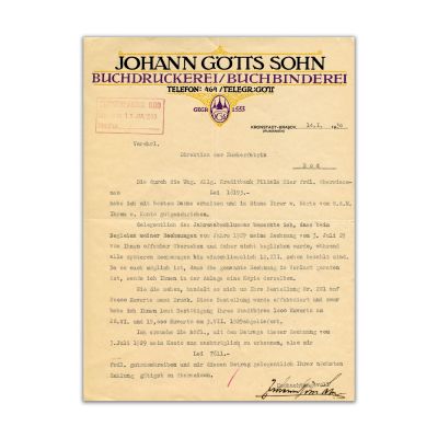 Tipografia Johann Gotts Sohn, factură, 14 ianuarie 1930