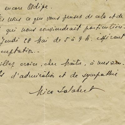 George Enescu, scrisoare din partea Micăi Salabert cu ocazia premierei „Oedipe”, 1936