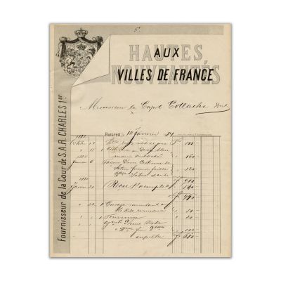 Factură emisă de Hautes Nouveautés aux Villes de France, 1884