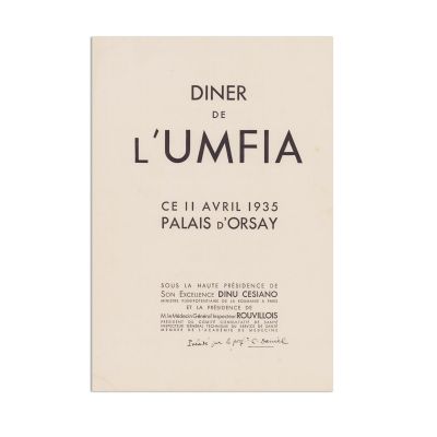 Meniul cinei L’UMFIA, Fête la Roumanie, 11 aprilie 1935 - Piesă colorată manual