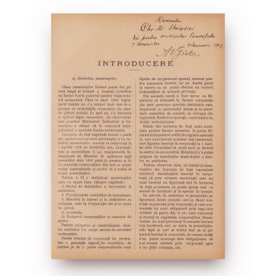 Anchetă cu privire la meseriași și la aplicarea legii pentru organizarea meseriilor, 1908, cu dedicație pentru D. Staicovici