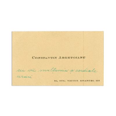 Constantin Argetoianu, carte de vizită cu o însemnare pentru Constantin Olteanu