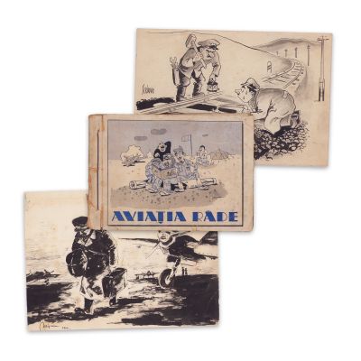 Vasile Scripcaru, Aviația râde, 1945, cu semnătura ilustratorului Mihail D. Gion + două lucrări de grafică