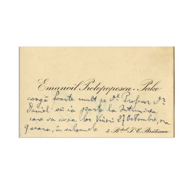 Emanoil Protopopescu-Pake, carte de vizită cu însemnare olografă