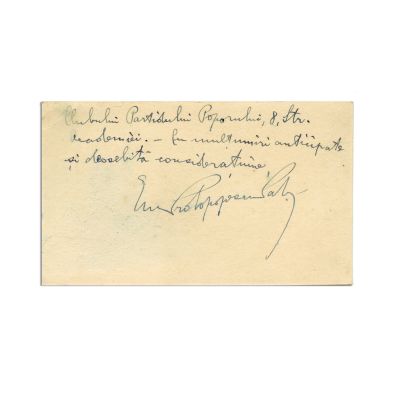 Emanoil Protopopescu-Pake, carte de vizită cu însemnare olografă