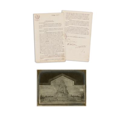 Contractul construcției Mausoleului din Mărășești, 1922, cu semnăturile arhitecților G. Pompoiu, G. Cristinel și a Alexandrinei G. Cantacuzino