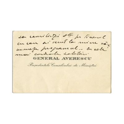 Generalul Alexandru Averescu, fotografie tip carte poștală + carte de vizită cu însemnare olografă