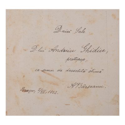 Andreiu Bârseanu, Istoria Școlelor Centrale Române, 1902, cu dedicație