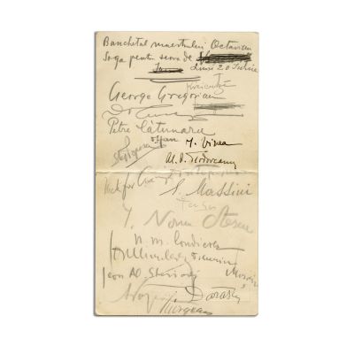 Meniul unui banchet, cu semnătura lui Al. O. Teodoreanu, Ion Vinea, C. Ressu, Oscar Han, Ion Minulescu, Jean Al. Steriadi